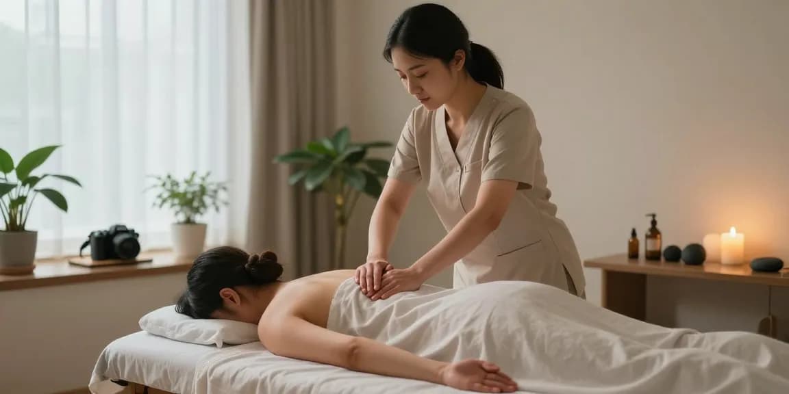 마사지 치료실에서 마사지사가 고객에게 스웨디시 마사지를 하는 모습