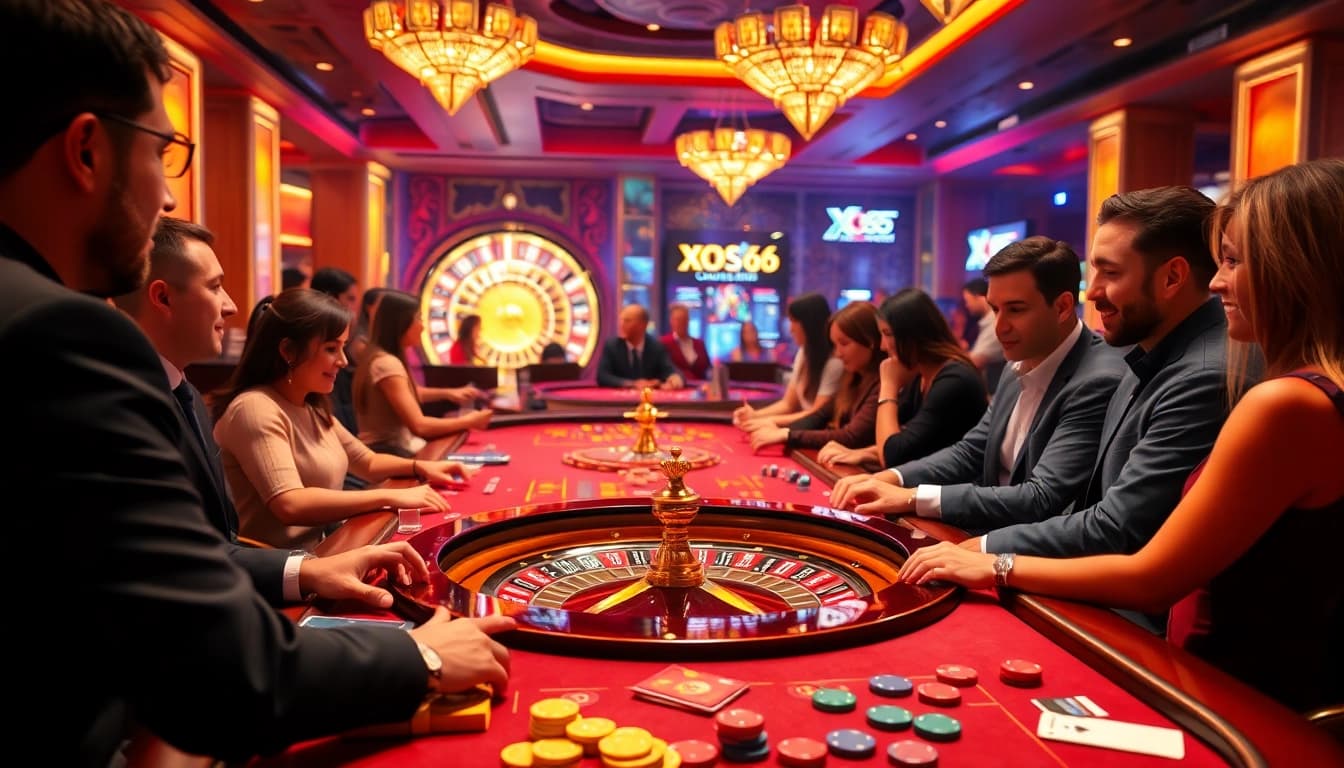 Xoso66 players enjoying thrilling casino games and betting activities at a luxurious gaming table