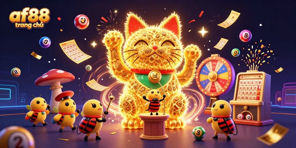 Experience the excitement of af88 trang chủ with a vibrant scene of a golden lucky cat amidst lottery and casino elements.