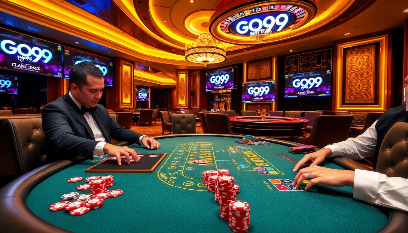 Experience the thrill of GO99 at a luxury blackjack table with vibrant colors and engaged players.