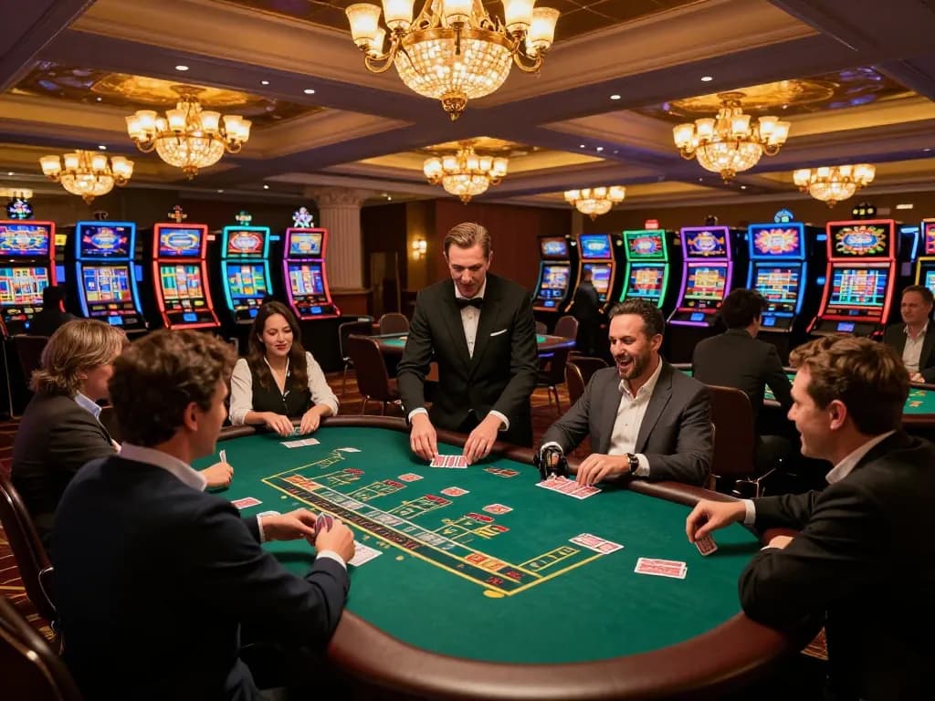 Players at Thabet casino engaged in a thrilling blackjack game, strategy and excitement visible at the tables