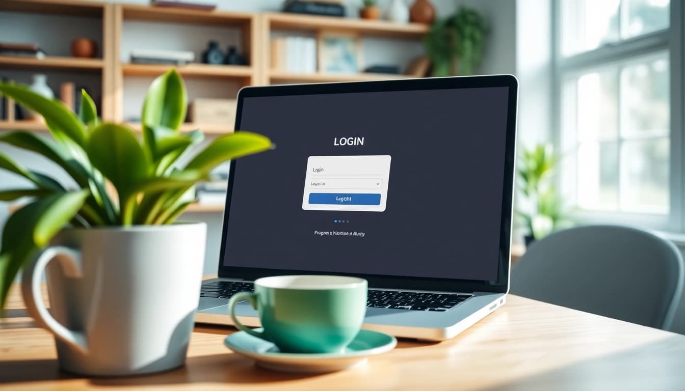 Login mpo2121 interface displayed on a laptop in a cozy home office setting.