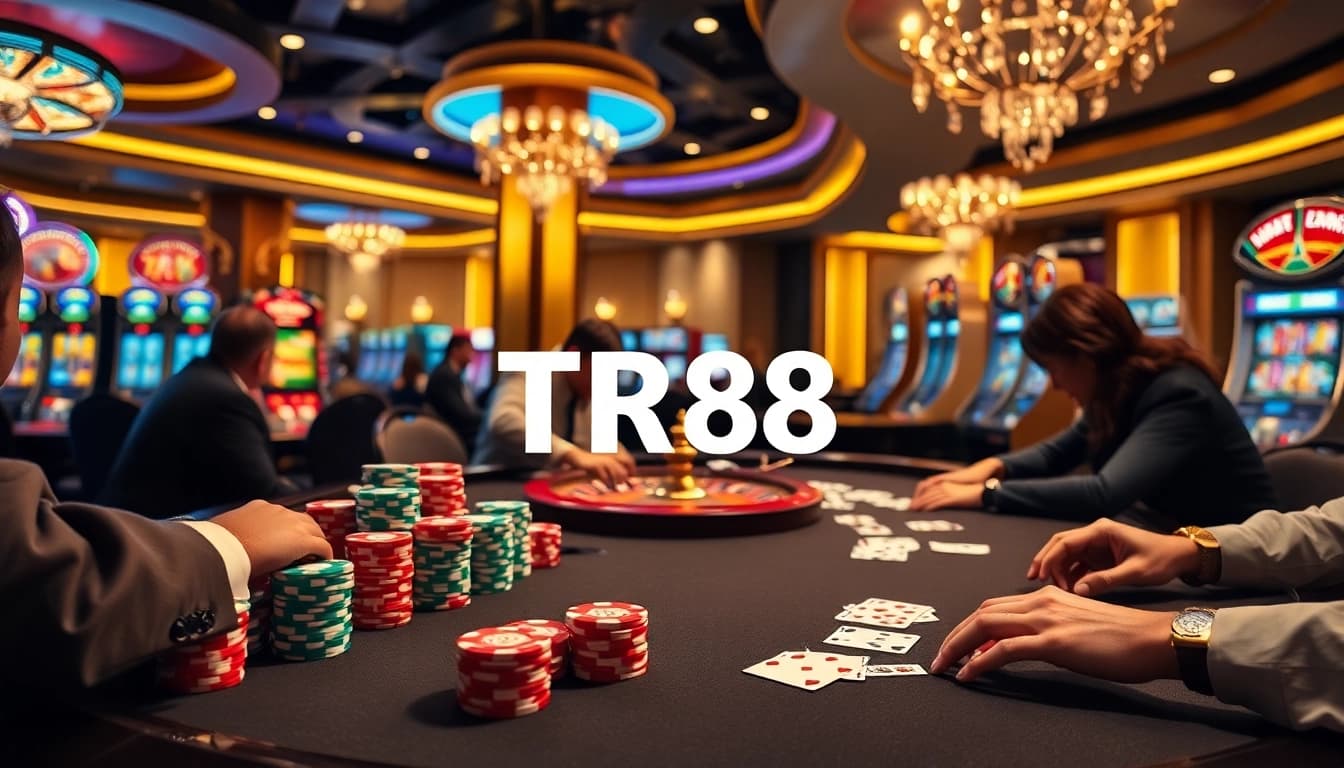 Experience the exciting poker action at the TR88 casino table with vibrant chips and cards.