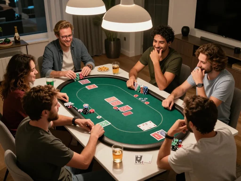 Friends engaged in a lively poker game with king slot strategy cards on the table, showcasing excitement and bonding