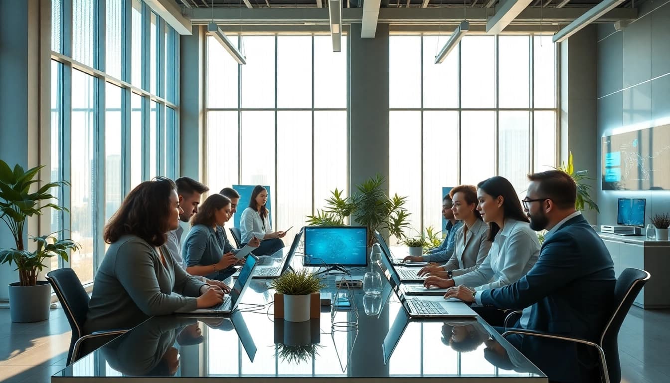 Engaged professionals collaborating at https://c168me.com/ in a modern office space.