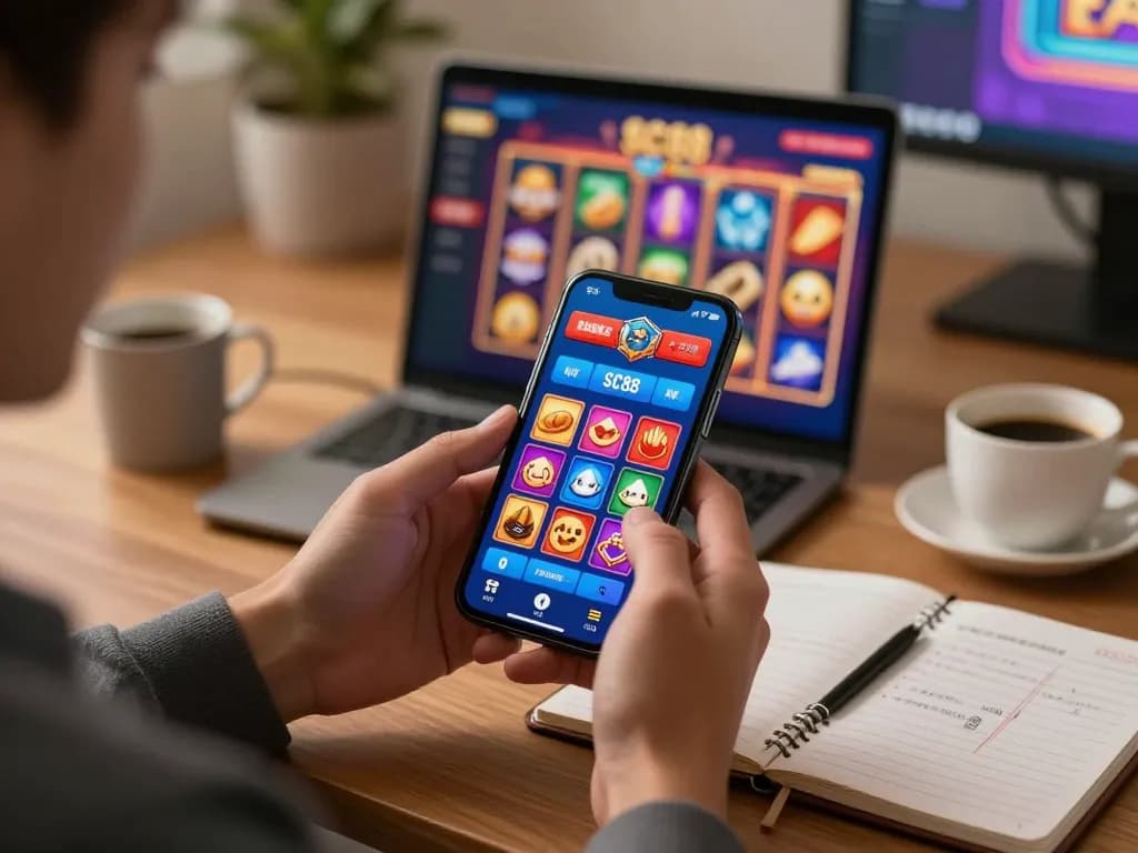 Engaging user with SC88 casino app on smartphone in a cozy home setup