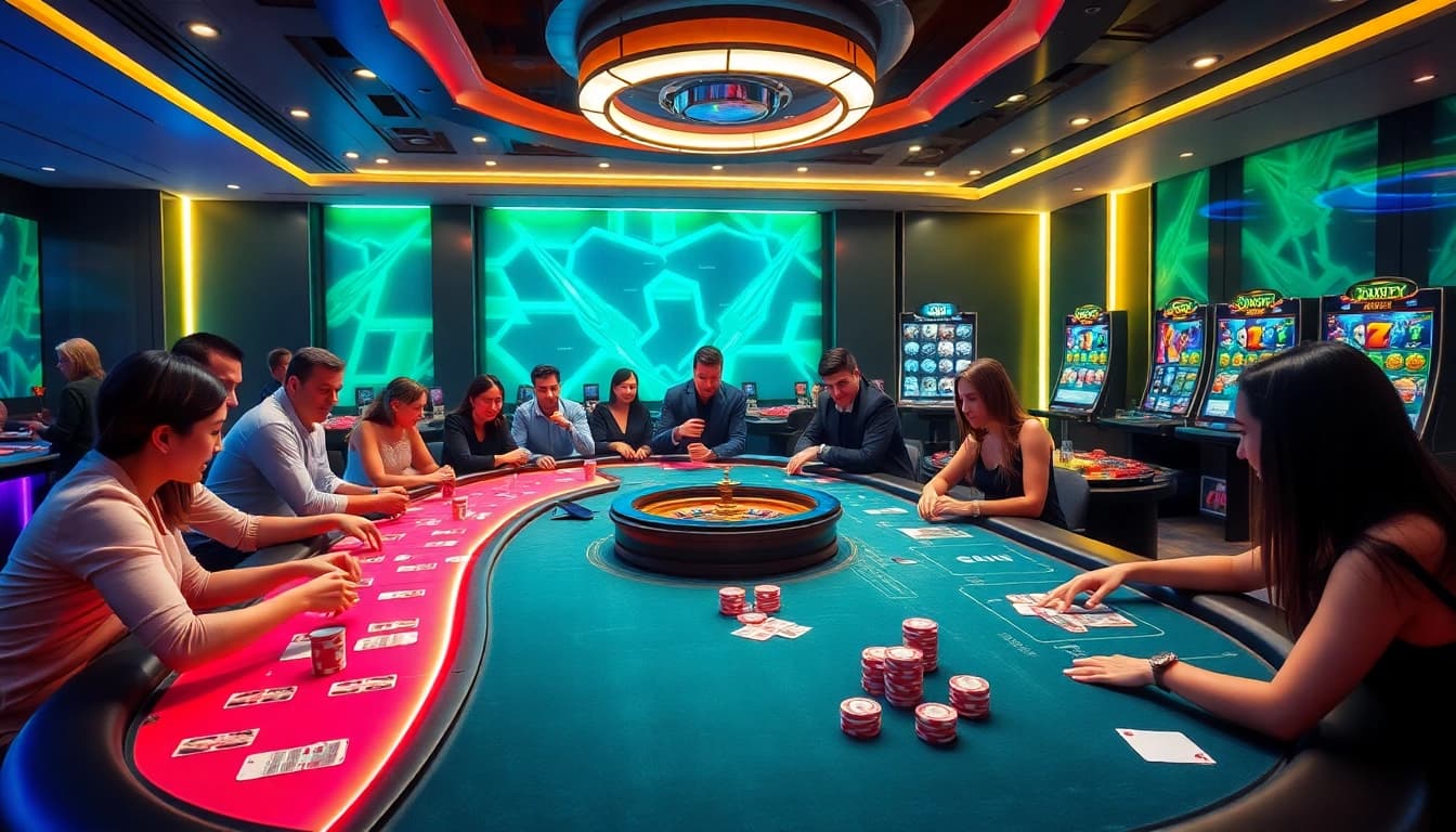 Experience thrilling gameplay with NOHU90 at sophisticated casino tables featuring poker chips and roulette wheels.