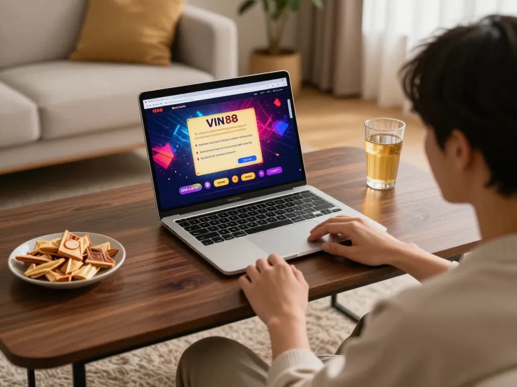 Engaged player utilizing the NHÀ CÁI VIN88 online gaming platform at home, showcasing a relaxed environment and strategic gameplay.