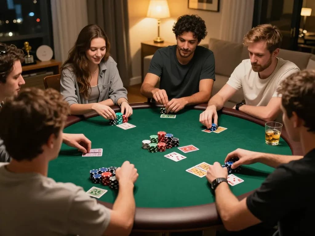 Engaging home poker night scene featuring friends playing while discussing strategies, highlighting sky88 com for social gaming.
