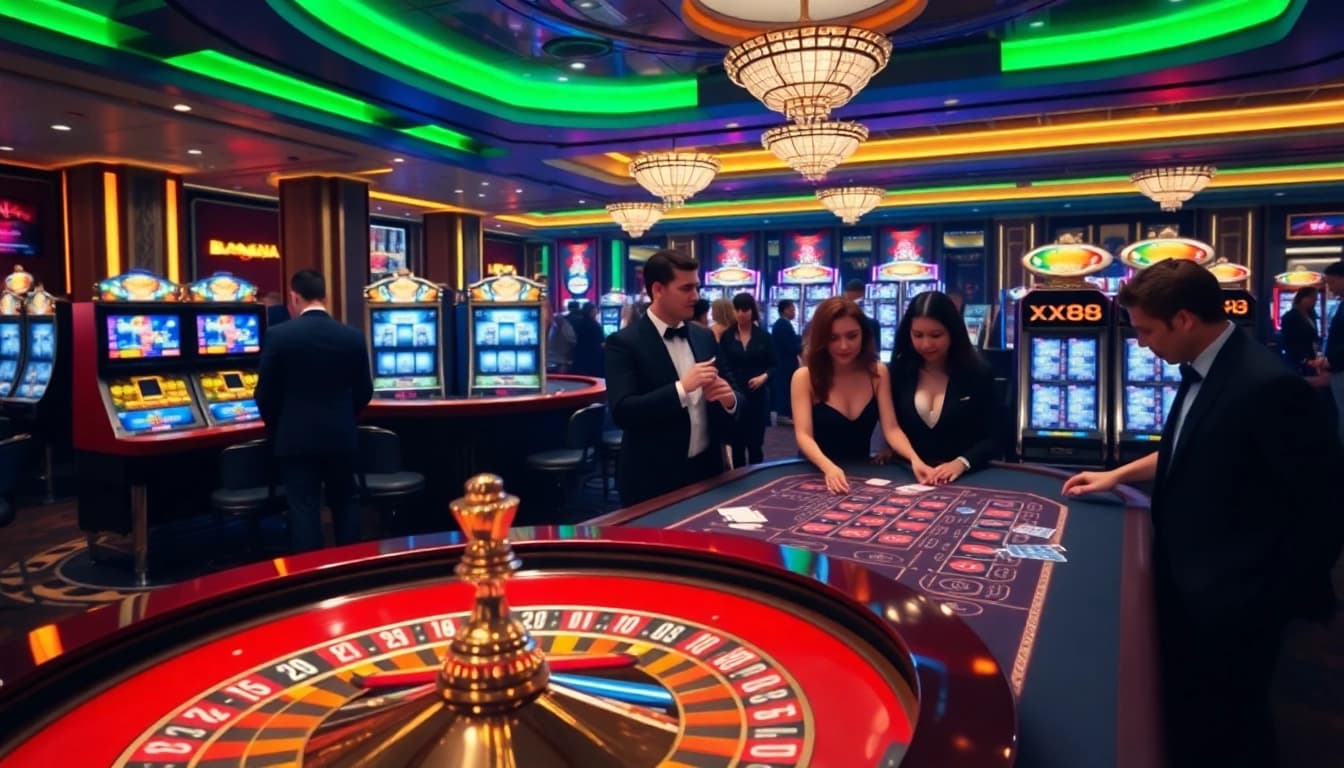 Excited players engaging at XX88 casino tables, showcasing thrilling gambling action.
