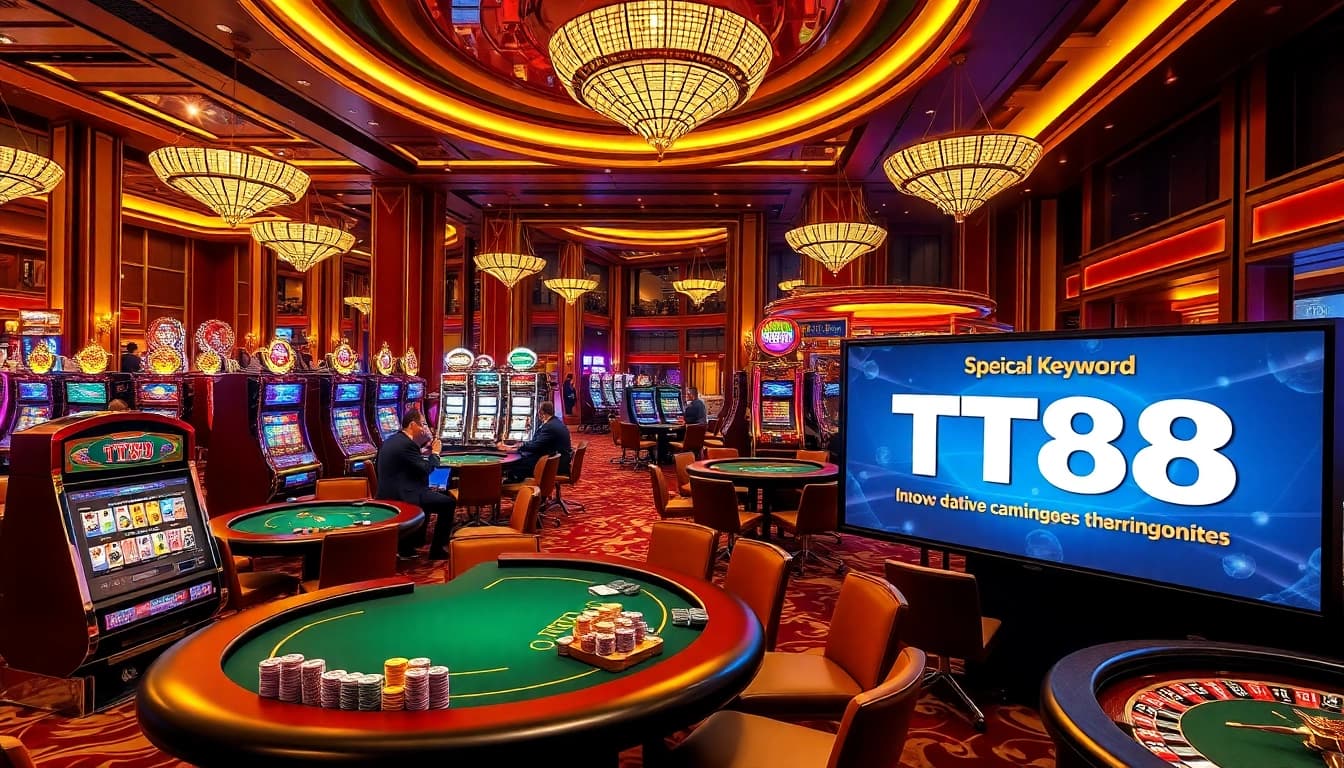 Experience thrilling gameplay at TT88 with vibrant casino visuals featuring poker tables, roulette wheels, and slot machines.