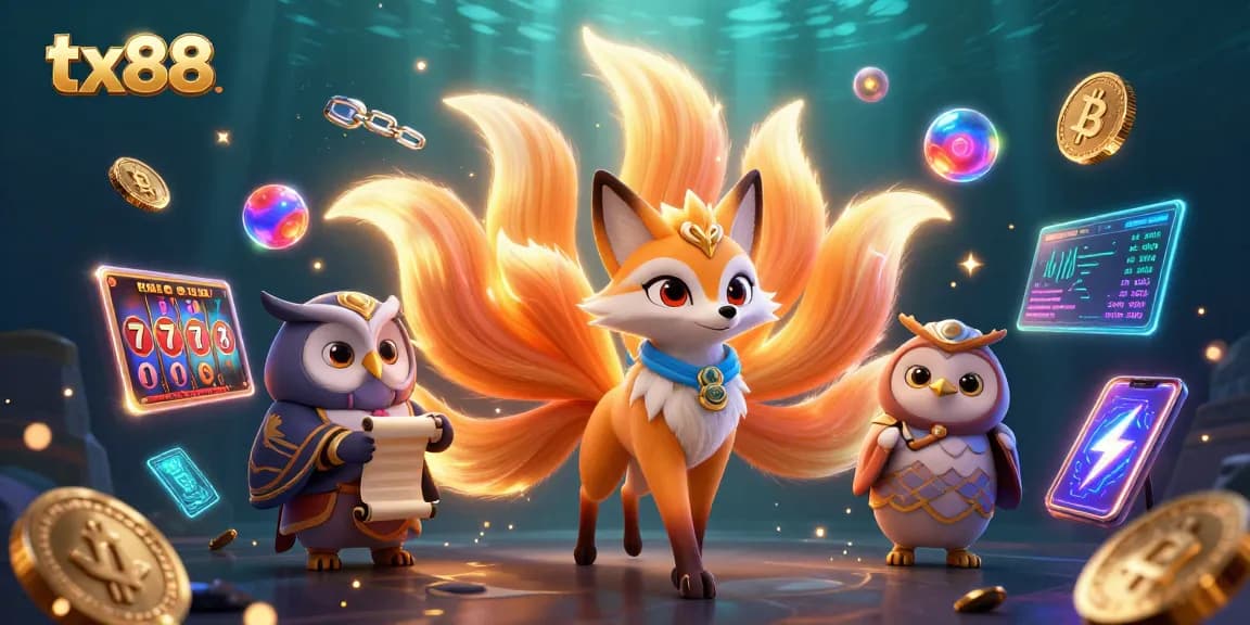 Engage with tx88’s vibrant online casino world featuring a glowing fox spirit, sage, and dynamic slot elements.