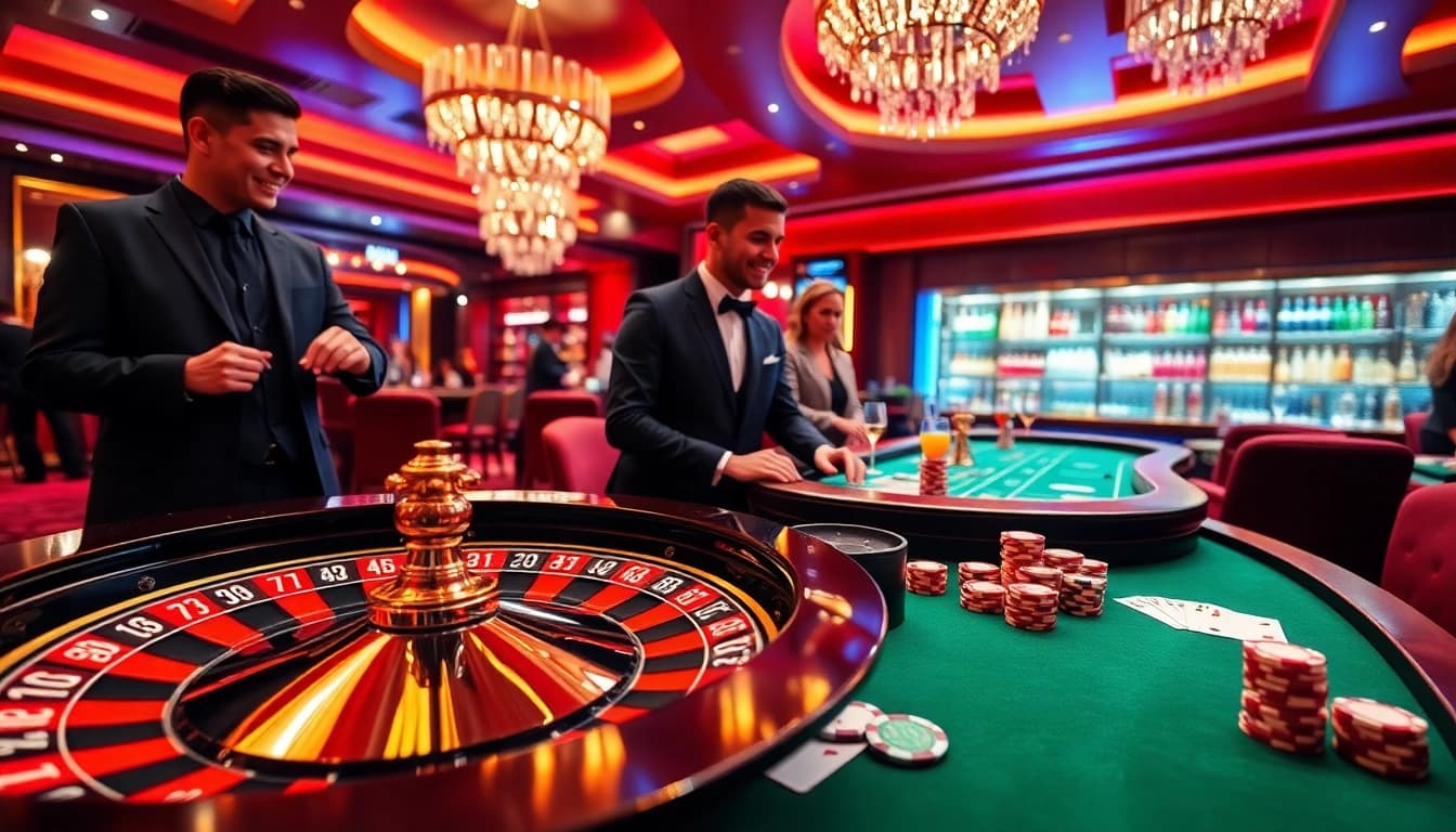 NoHu casino thrill: players enjoy roulette and poker amidst vibrant casino lights.