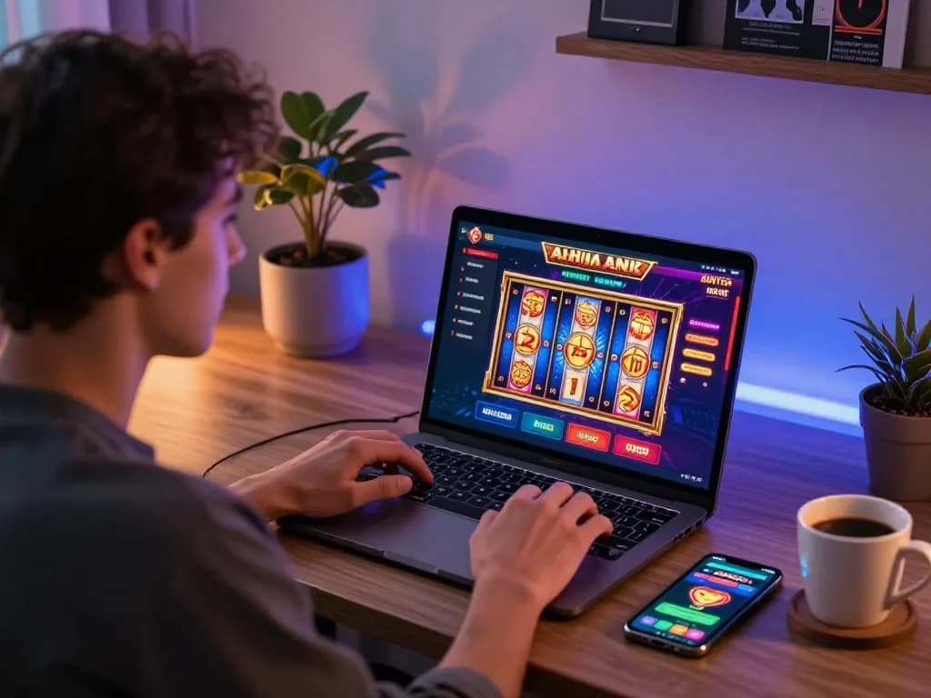 Engaged player exploring online casinos Canada through laptop, showcasing digital slot games.