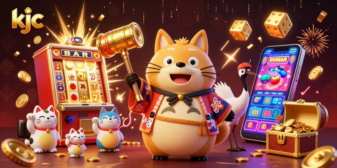 KJC players enjoy vibrant casino action with golden jackpot celebrations and festive characters.