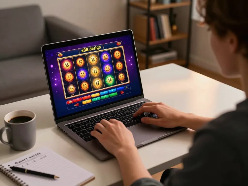 Engaged player using laptop for online slots at https://x88.design/ in a cozy home environment.