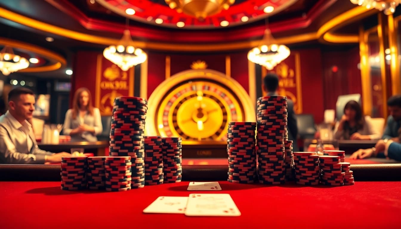 Intense poker game action at OK365 casino with chips and cards amidst luxurious surroundings.