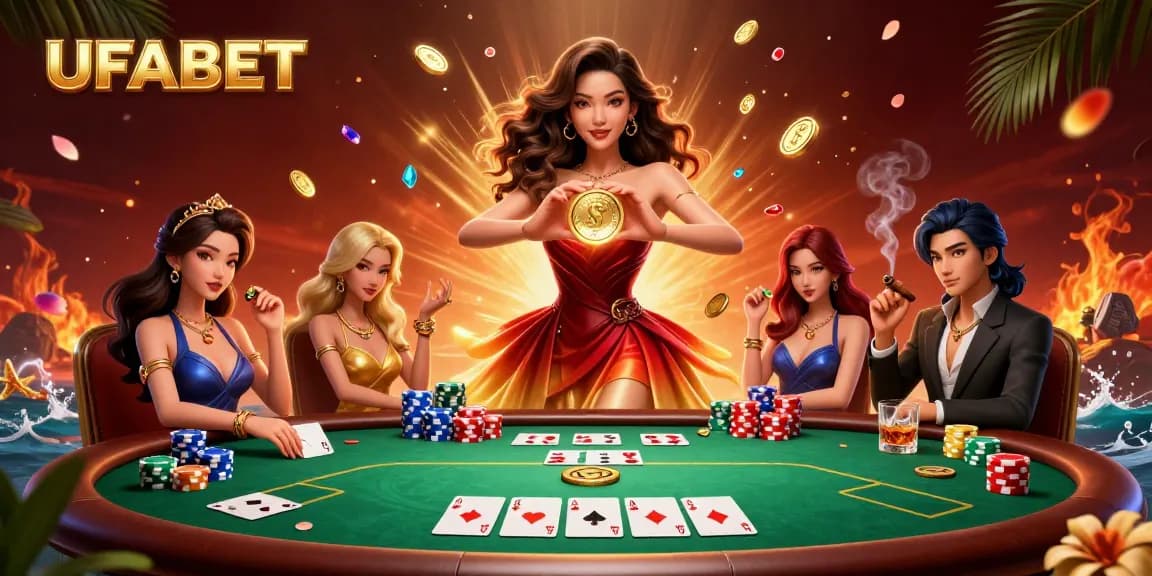 Experience thrilling moments at UFABET with a stunning Asian lady holding a golden coin amid poker excitement.