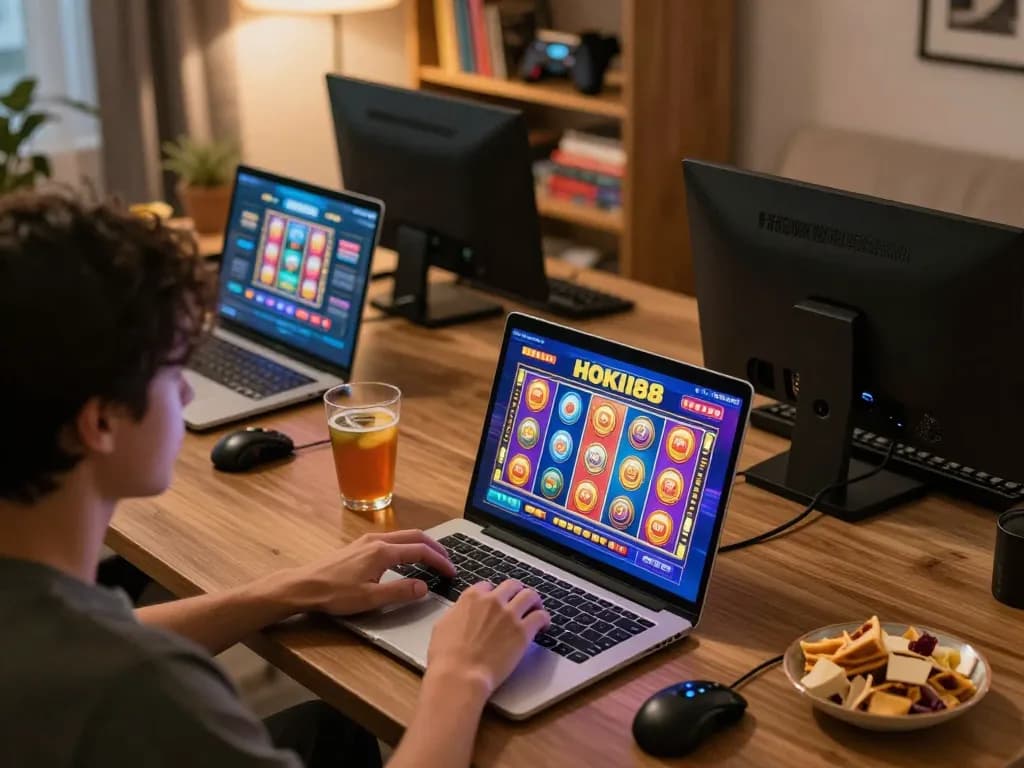 Pemain yang terlibat menikmati slot online HOKI88 dari pengaturan rumah yang nyaman, paparan permainan yang berwarna-warni terlihat.