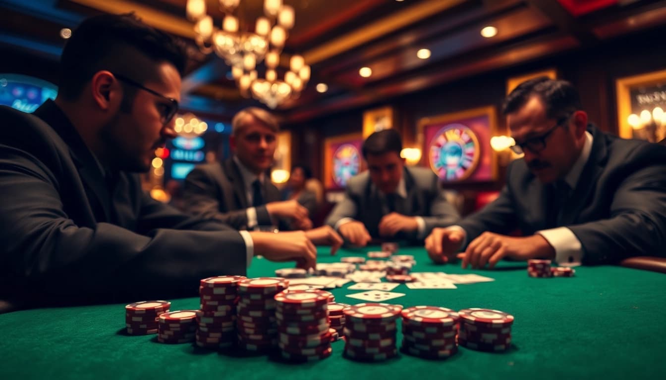 Mengamati daftar interwin dalam permainan poker dengan suasana kasino yang mewah.