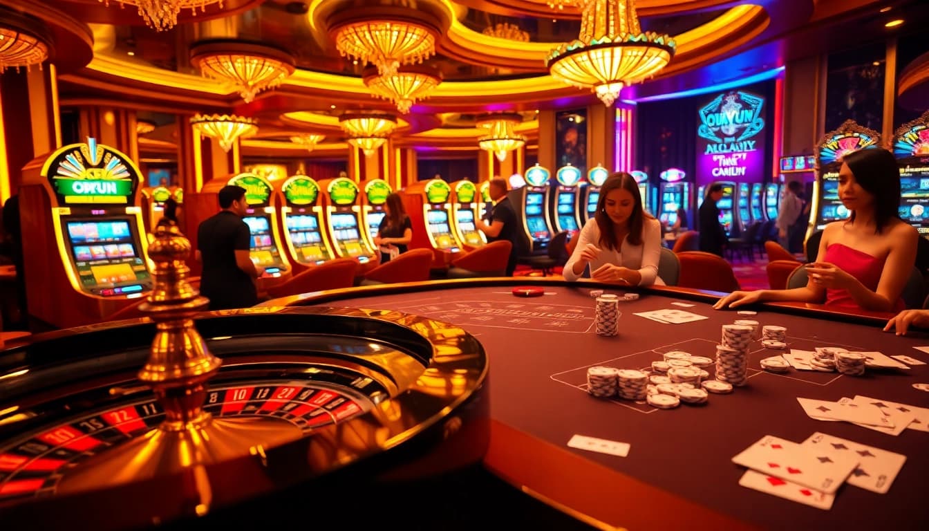 Experience the thrill of Okfun casino with lively players and stunning roulette and poker tables.