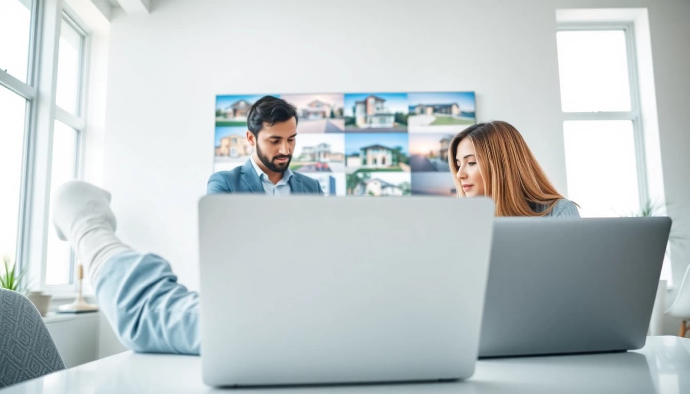 Engaging real estate agent assisting clients with property listings in a professional setting.