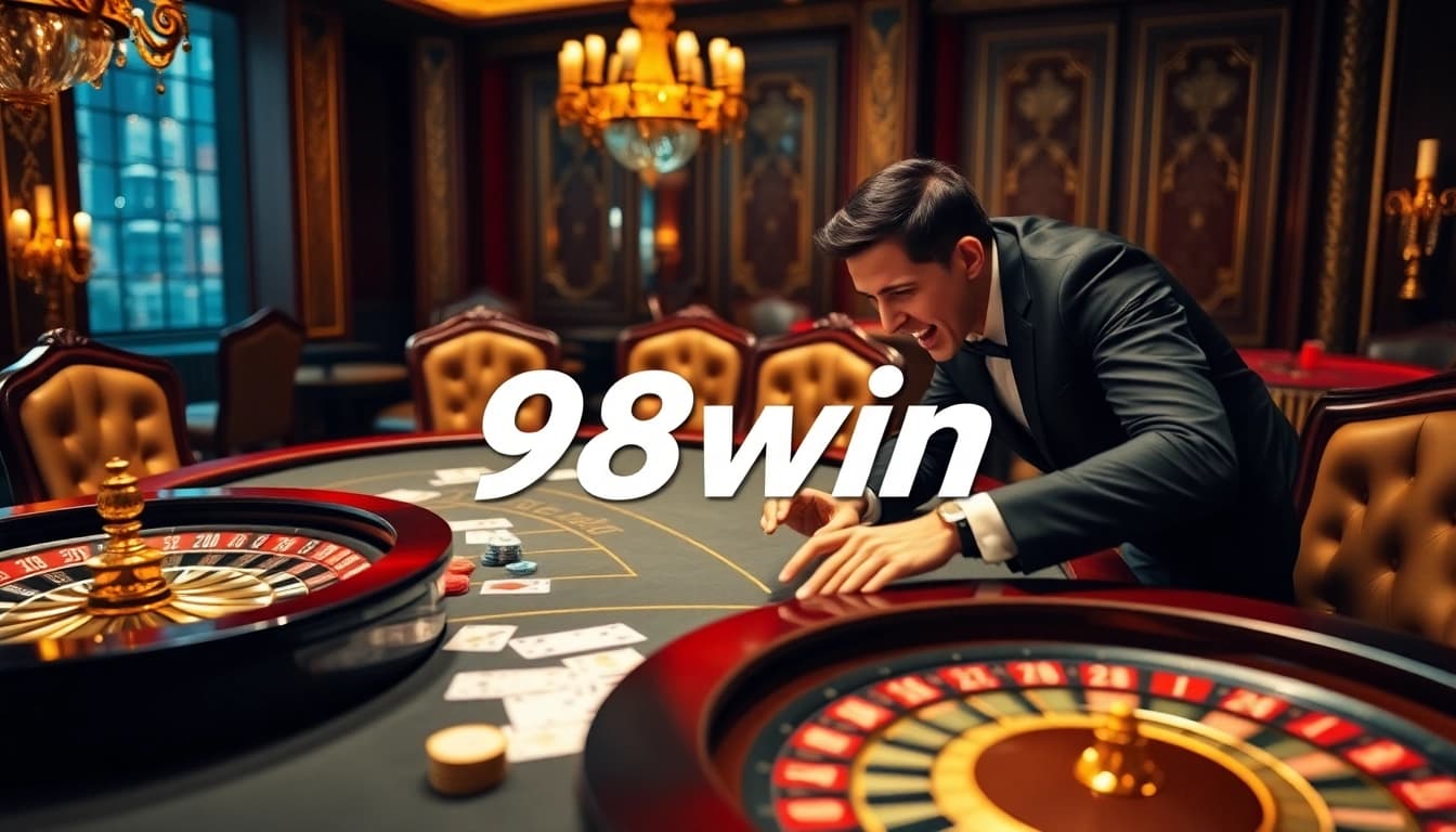 Excited player at a luxurious poker table in a glamorous 98win casino setting.