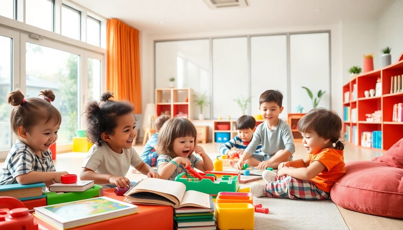 Engage with quality childcare at https://juniorsjunction.com, featuring happy children engaged in learning activities.