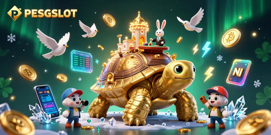 PESGSLOT menghadirkan ilustrasi kasino digital dengan karakter unik dan elemen cryptocurrency yang menarik