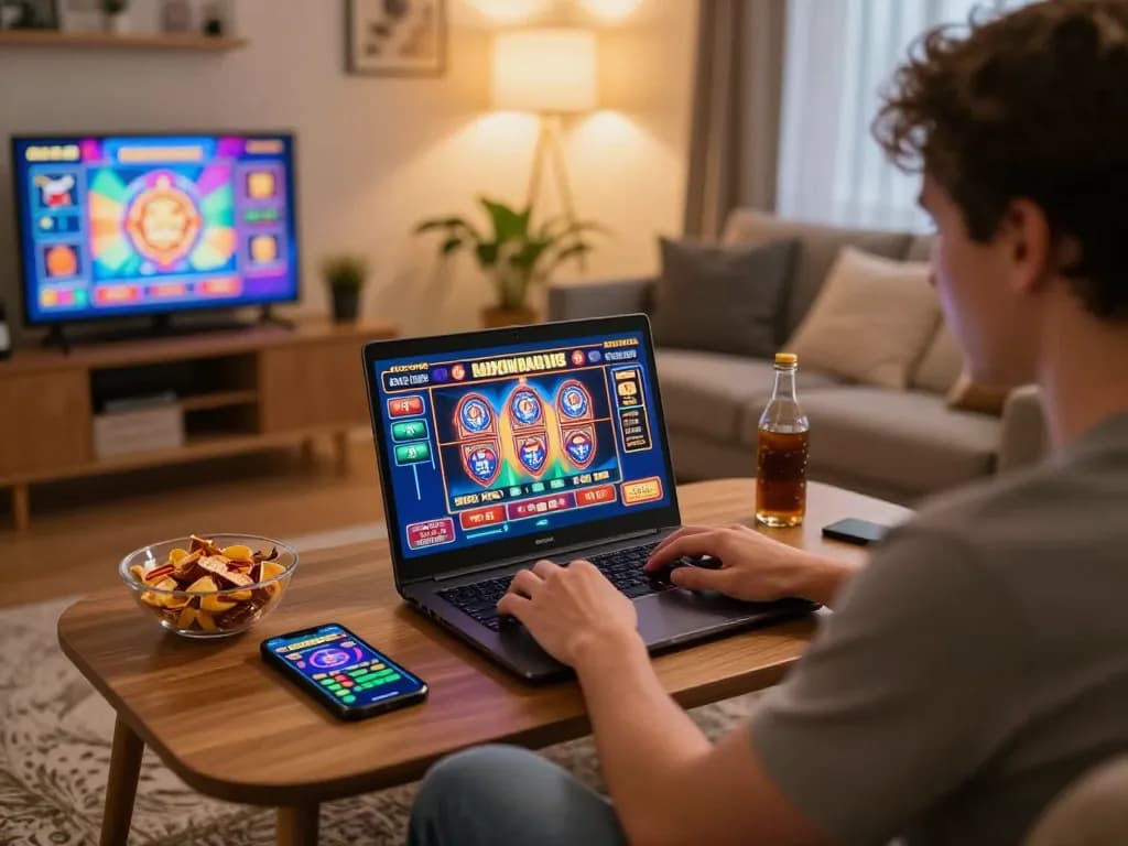 Player engaging in thrilling online gaming experience with Sunwin slot game on laptop.