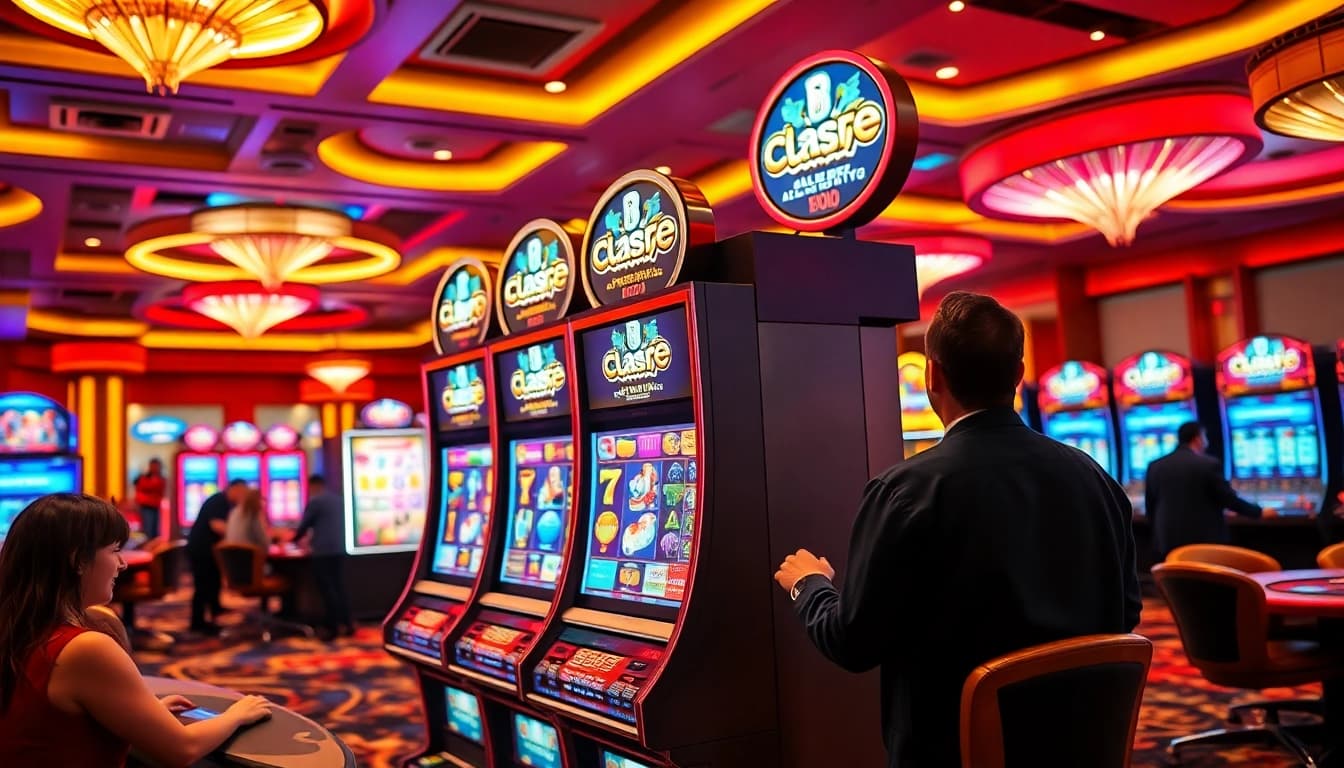 Main slot gacor machine attracting players seated attentively in a vibrant casino atmosphere.