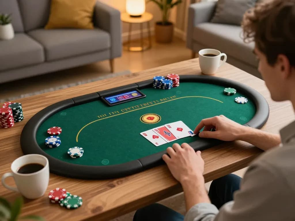 789 win poker gameplay on a tablet in a cozy living room setting, highlighting strategic engagement.