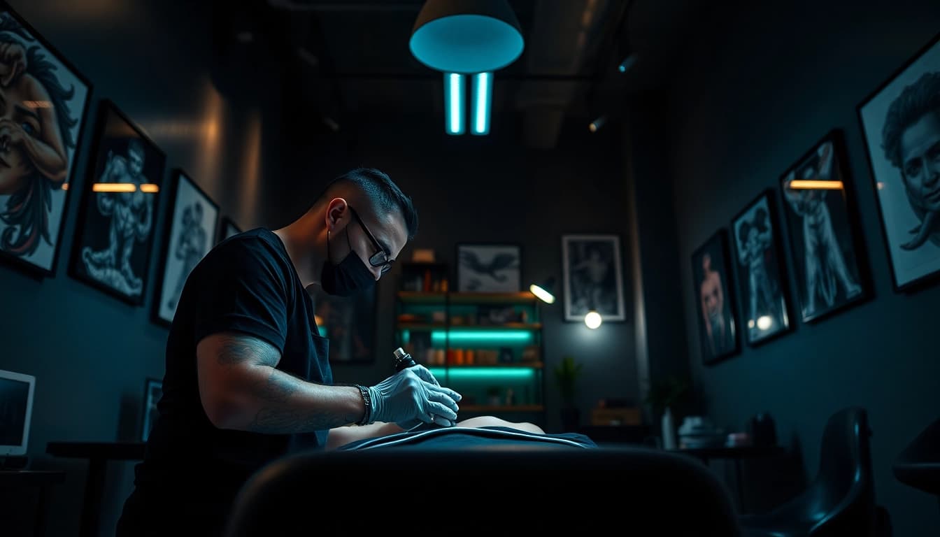 Modern tattoo studio scene with an artist and client at https://89bet.tattoo/, showcasing creativity and professionalism.