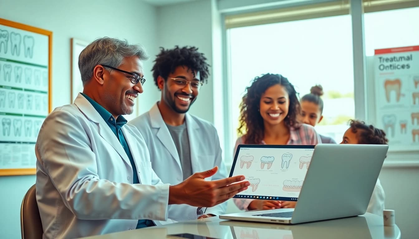 Engaging scene in a level orthodontics office with a smiling orthodontist explaining treatment.