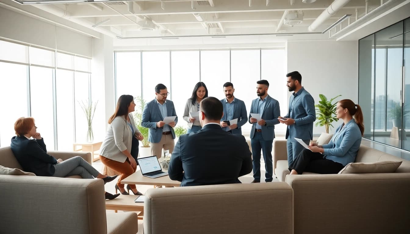 Engaging business team collaborating in a modern workspace, showcasing effective strategies.