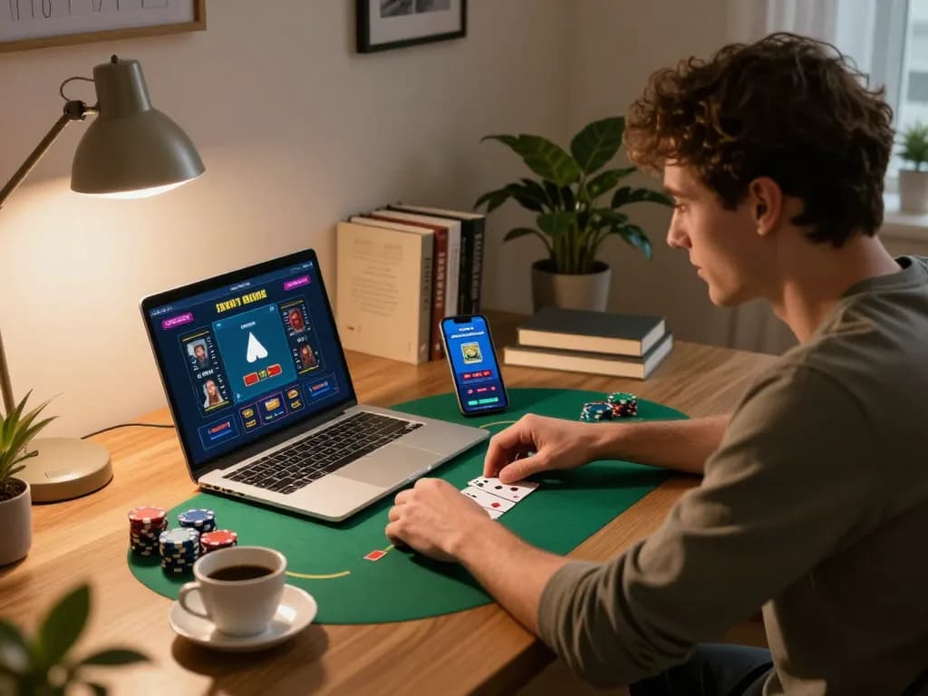Engaging with hitclub9 for strategic poker gameplay on a cozy home setup, showcasing modern gaming environment.