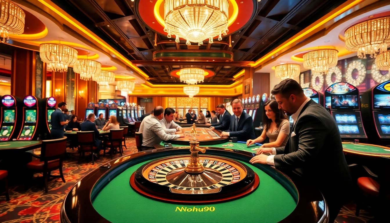 Excited gamblers at a vibrant Nohu90 casino table, celebrating wins with poker chips and lively atmosphere.