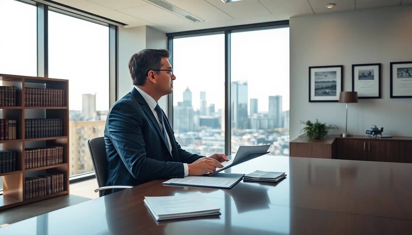 Inspiring Alexandria Personal Injury Lawyer consulting with a client in a modern legal office.
