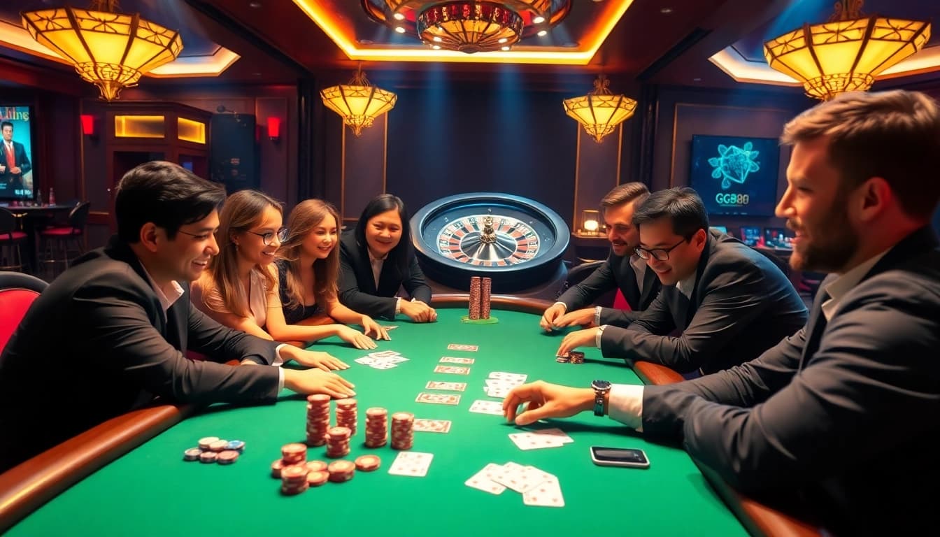 Players enjoying a thrilling game at GG88 casino with poker chips and cards.