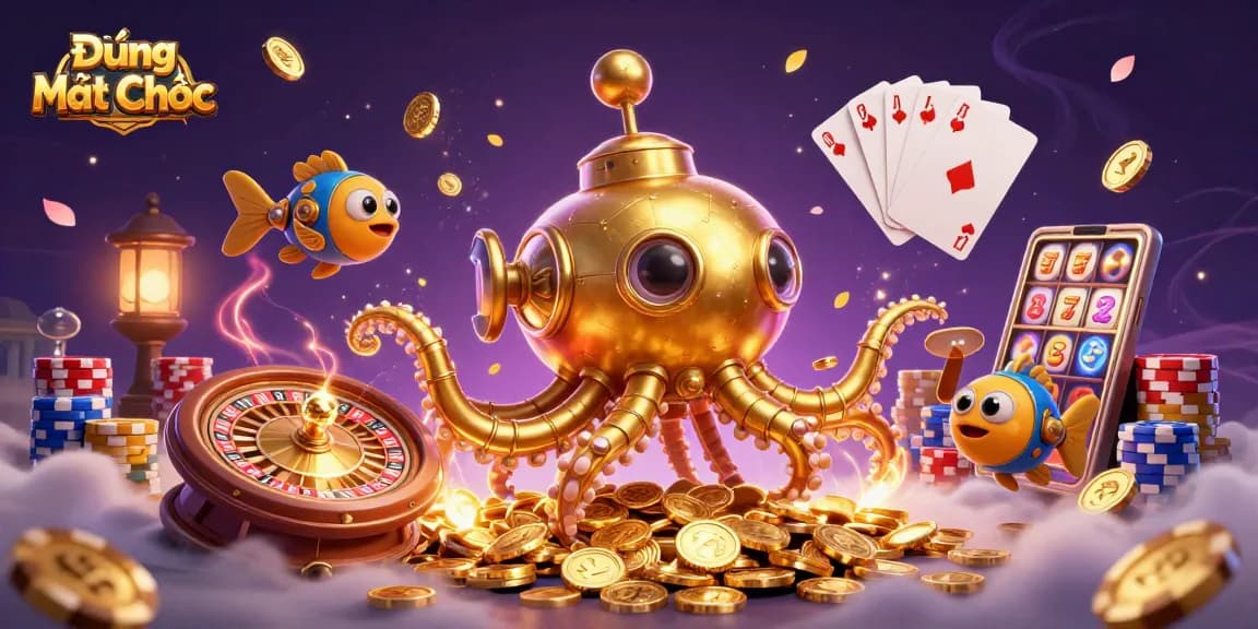 Experience the thrill of Đường Mạt Chược with golden kraken amid cascading coins and vibrant poker elements.
