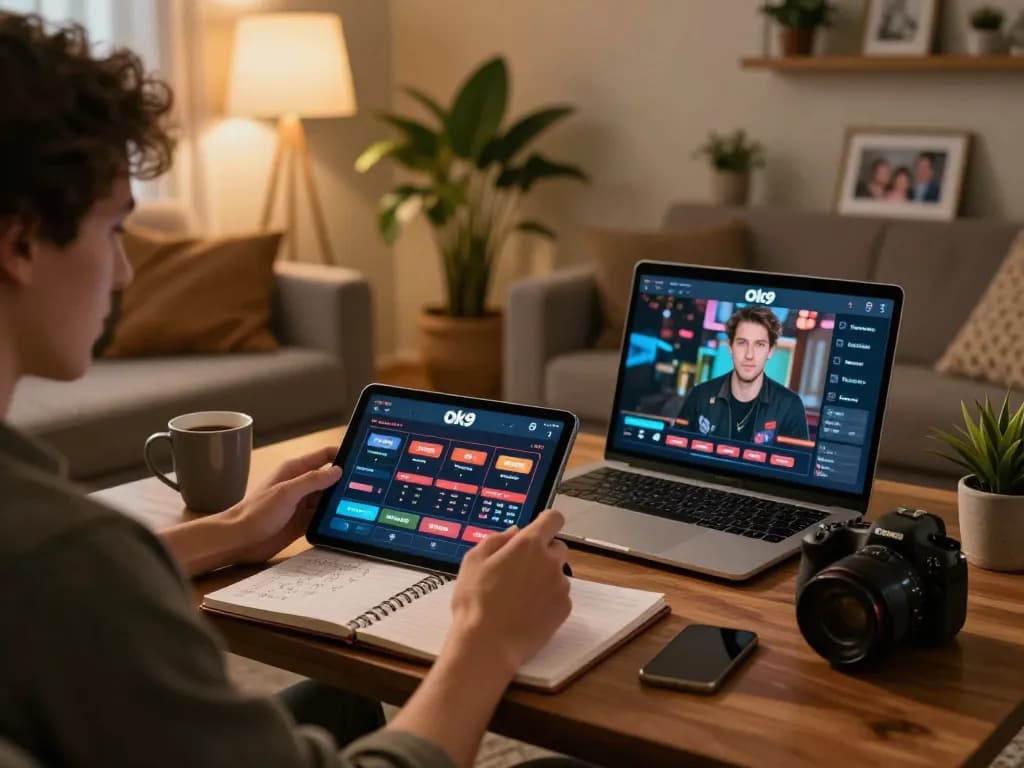 Engaging with the Ok9 casino app from a cozy home setup, showcasing responsible gaming.