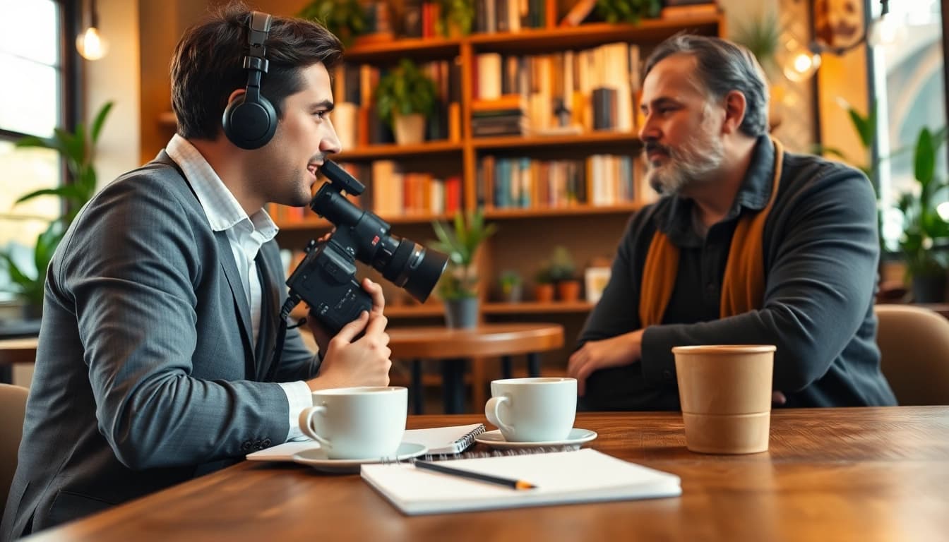 Interviewing a local business owner at https://www.todayville.com coffee shop, capturing community news.