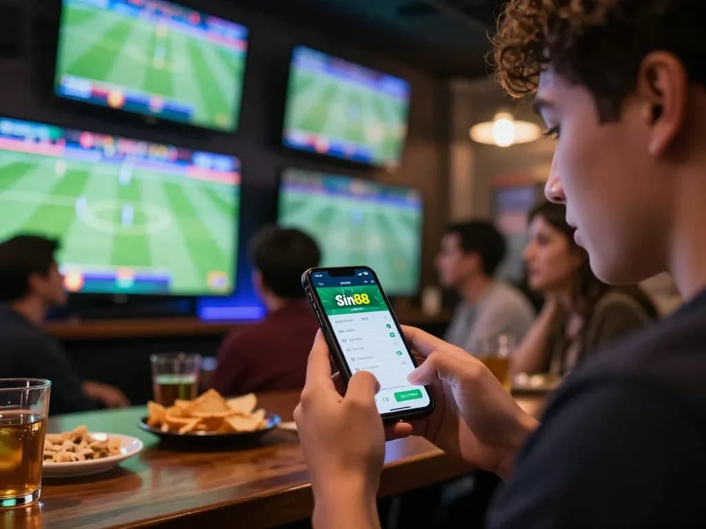 Betting with Sin88 on smartphone during live sports event with friends enjoying the excitement.