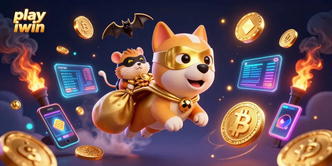 Play iwin in an exciting digital casino themed 3D illustration with characters and crypto elements.
