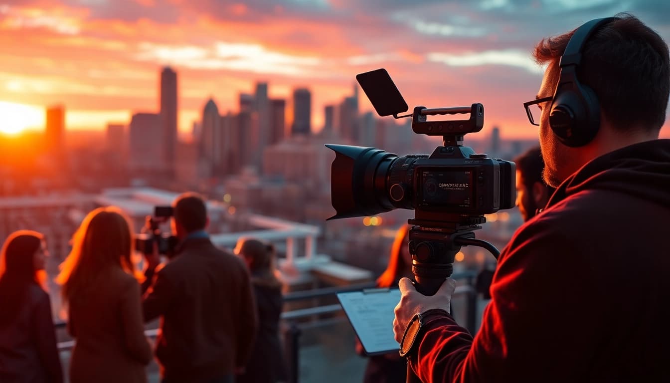 Creative team collaborating in a cinematic setup, showcasing Video Production Company Calgary in action.