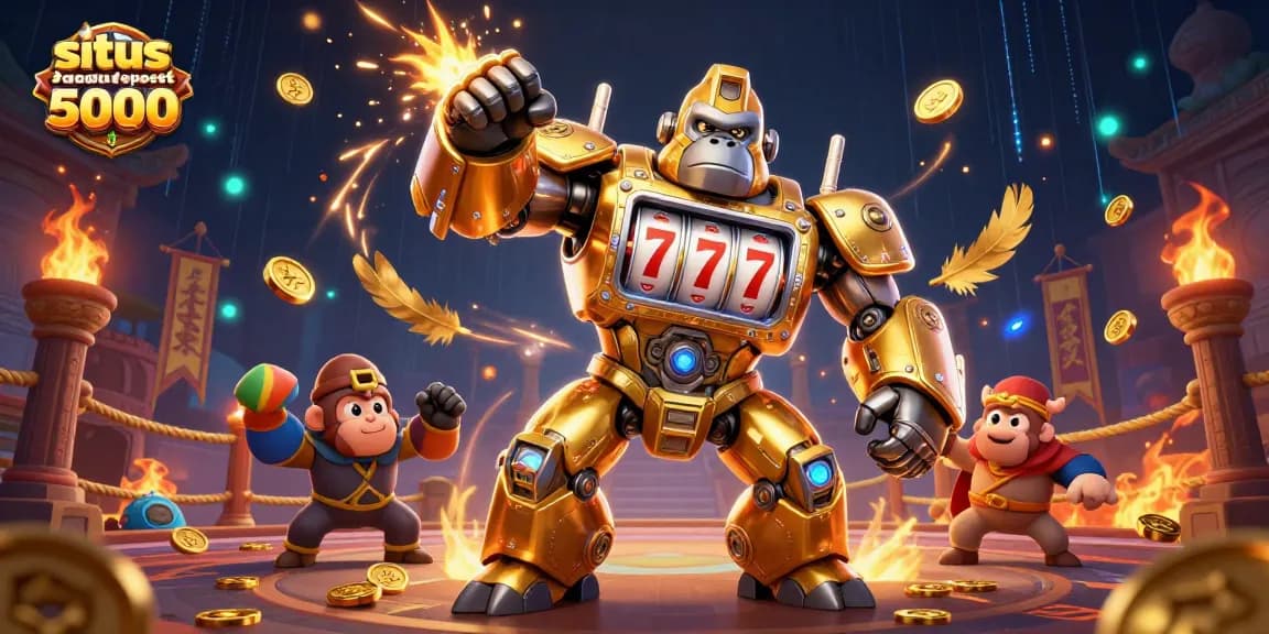 Engage in the thrill of gaming with situs deposit 5000, featuring vibrant scenes of golden gorilla mech and slot elements.