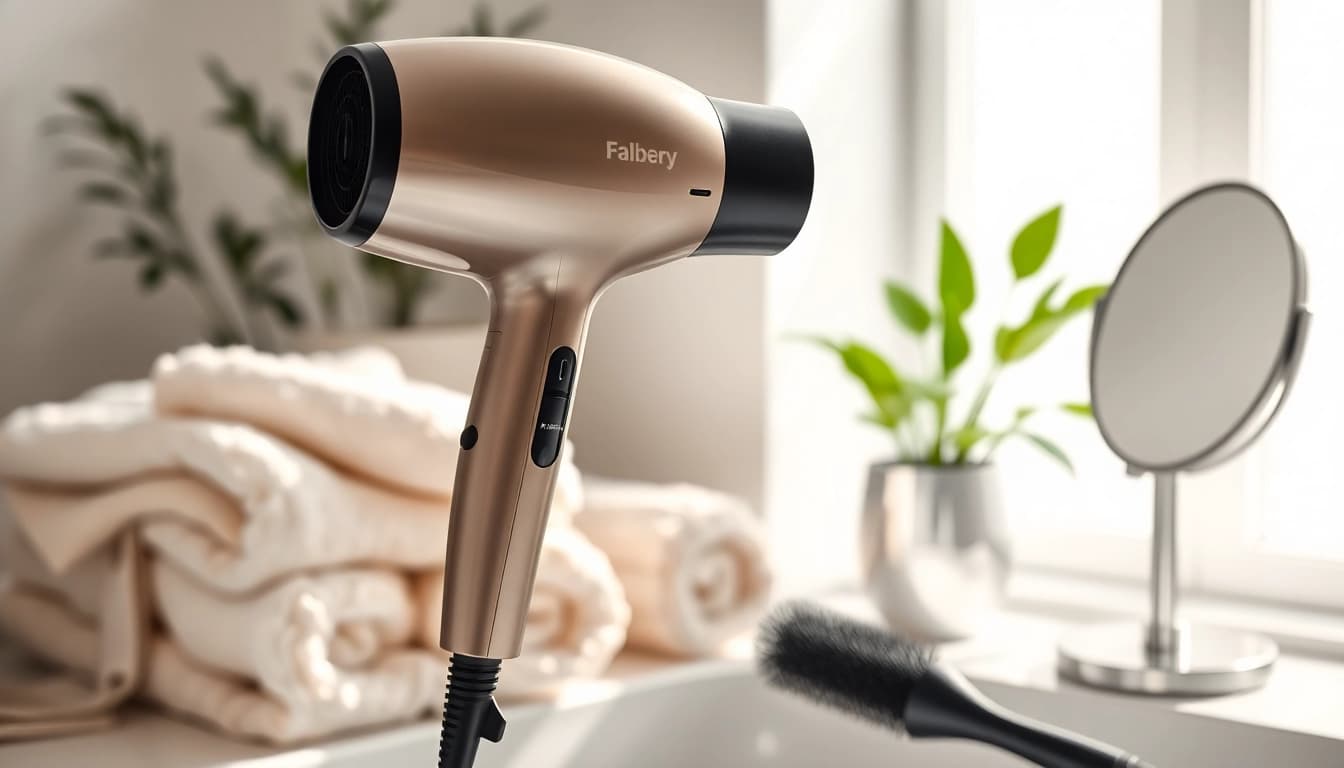 Frizzy hair dryer elegantly displayed in a bathroom setting with bright sunlight.