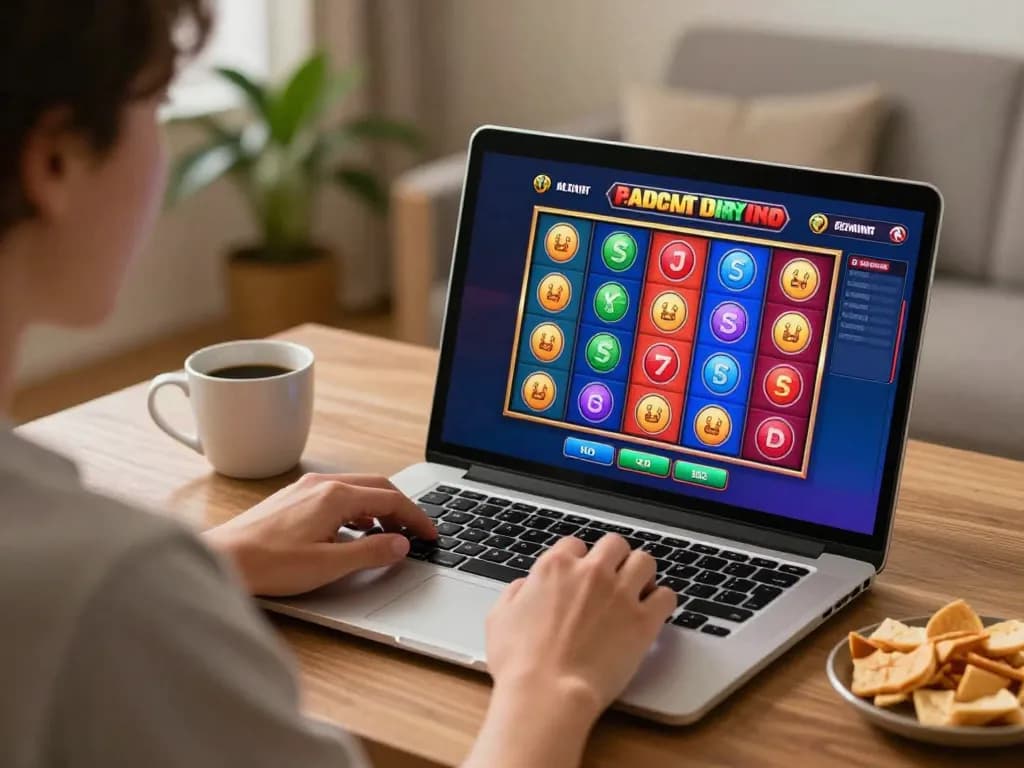 Player engaging with SC88 online slots at home, showcasing vibrant gaming interface and cozy setup.