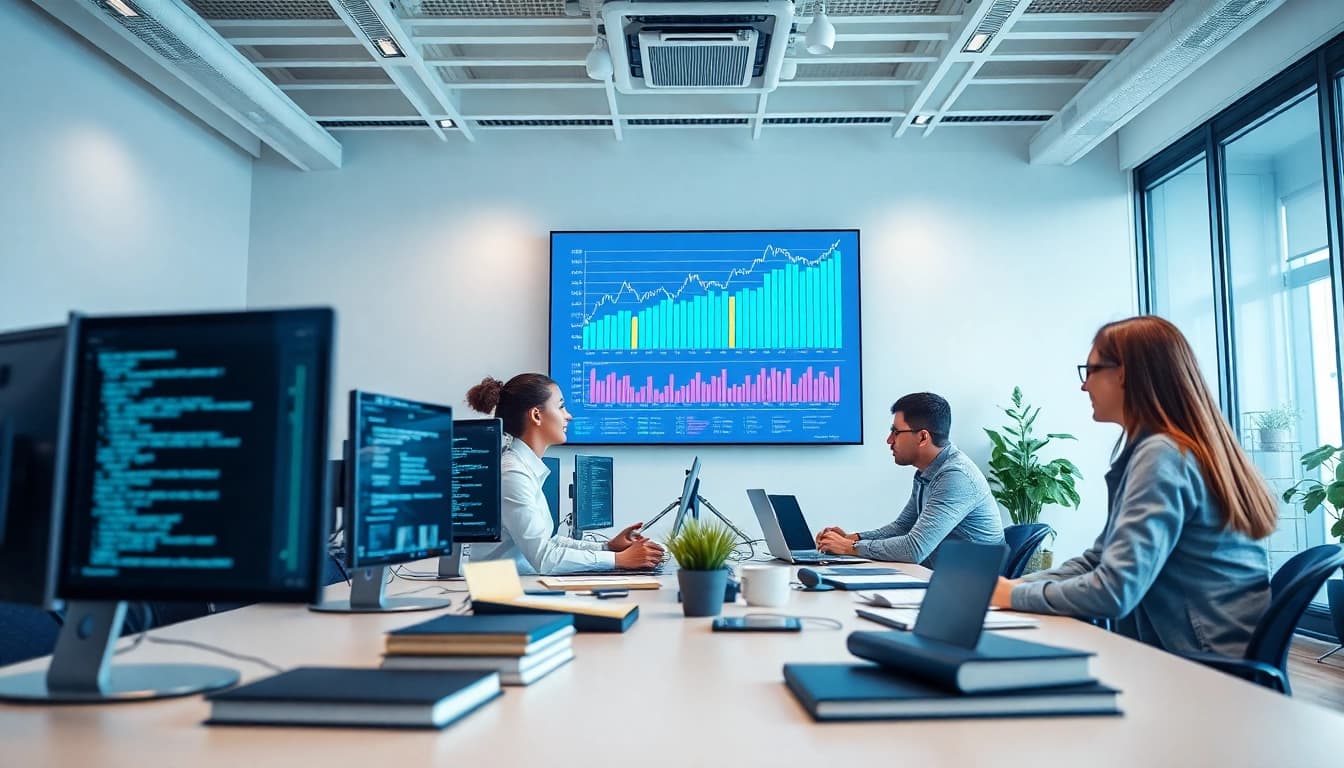 Software engineering team collaborating in a modern office, showcasing innovation and technology.