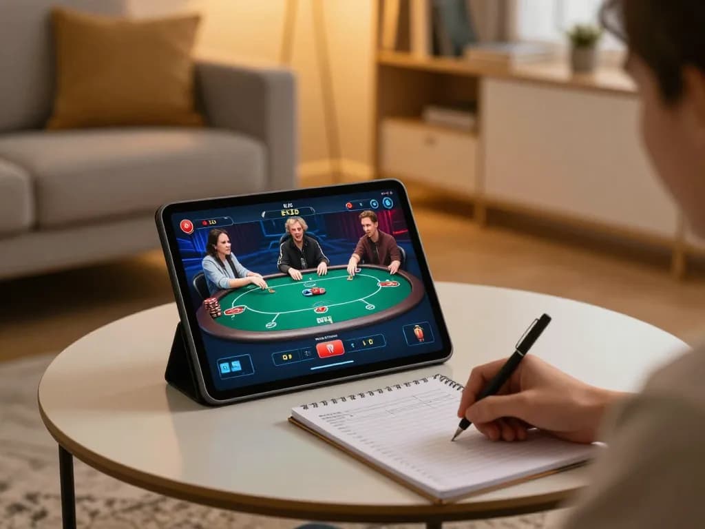 KJC player enjoying an engaging poker game on a tablet in a cozy home setting